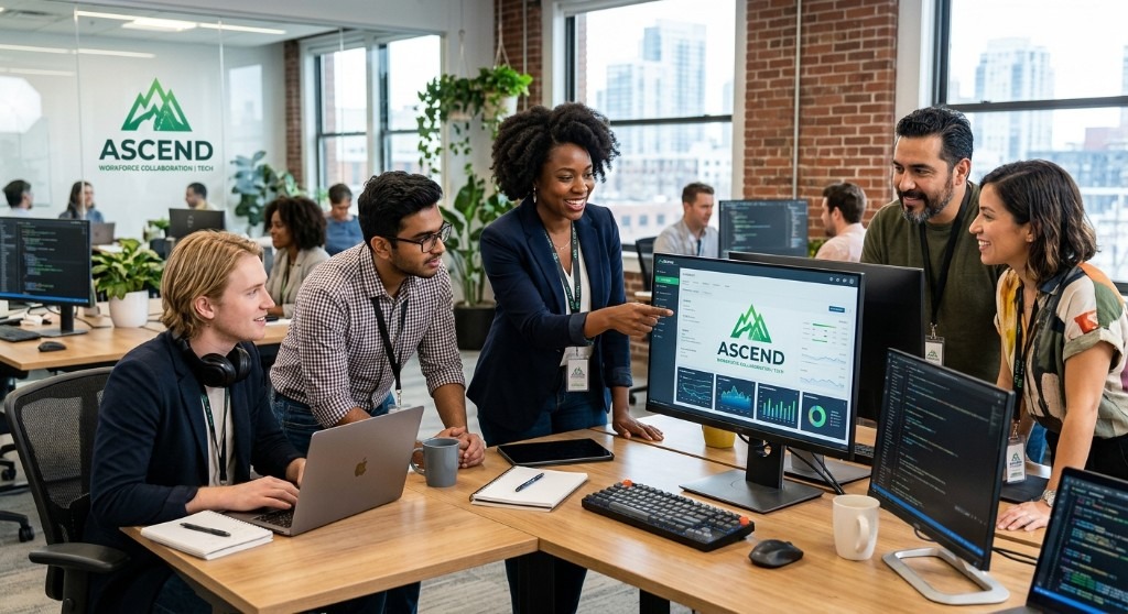 ASCEND team collaborating around workforce technology in a modern office